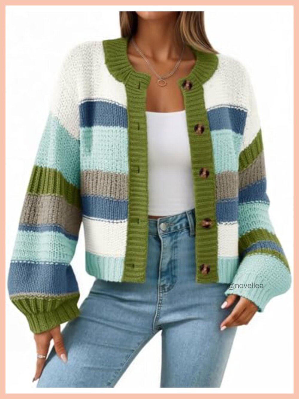 Striped Chunky Cardigan Sweater Button Down Crew Neck Lantern Sleeve